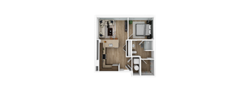 a stylized floor plan with a bedroom and a bathroom