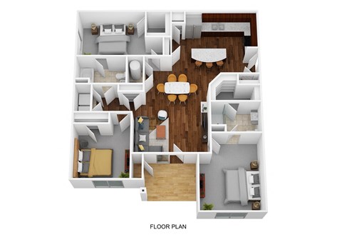 A floor plan of a house with a living room, dining room, kitchen, and bedrooms.