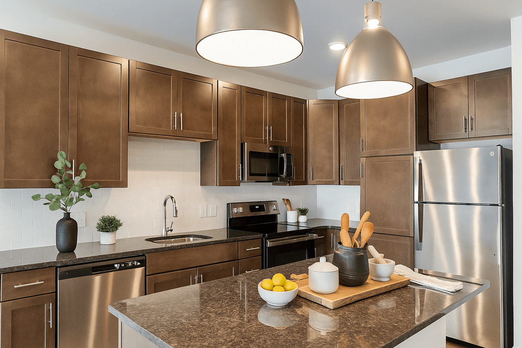 A kitchen with brown cabinets and a granite countertop.