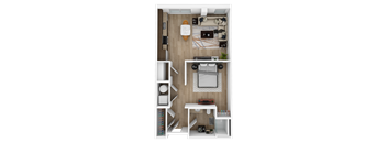 a stylized floor plan of a 1 bedroom with a bathroom and a living room