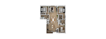 a stylized floor plan of a 1 bedroom apartment with a living room and kitchen