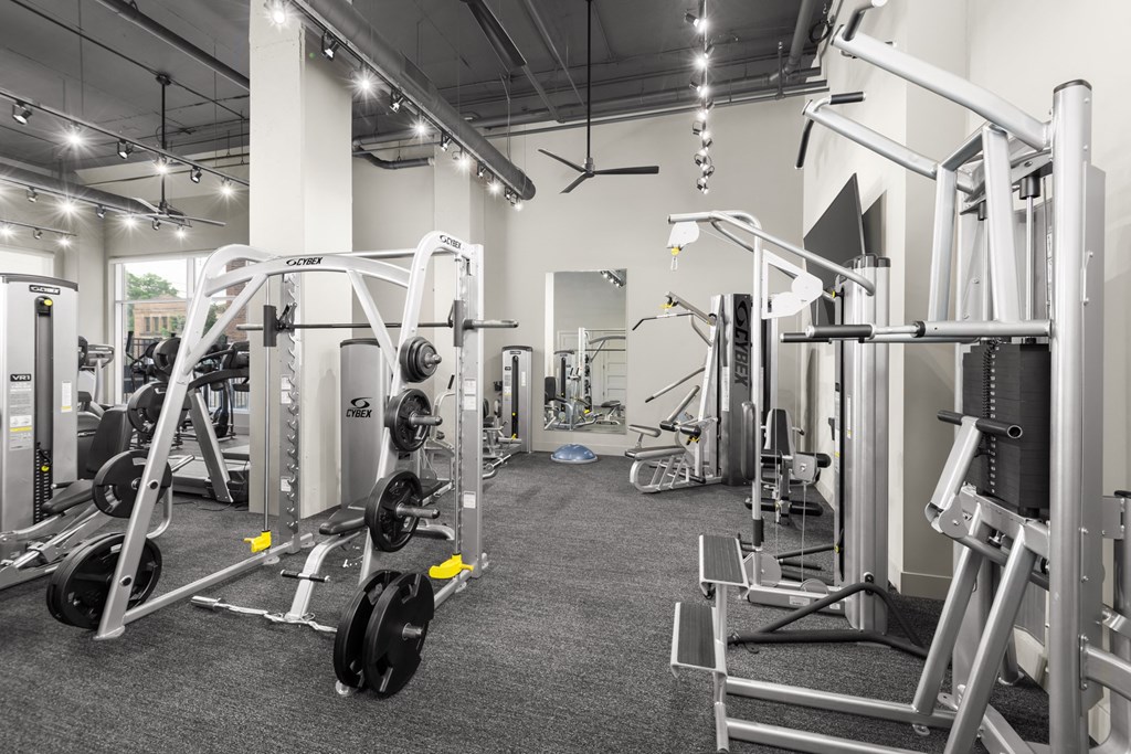 A fitness center at Madamore Apartments with workout machines, ceiling fans, and lights.