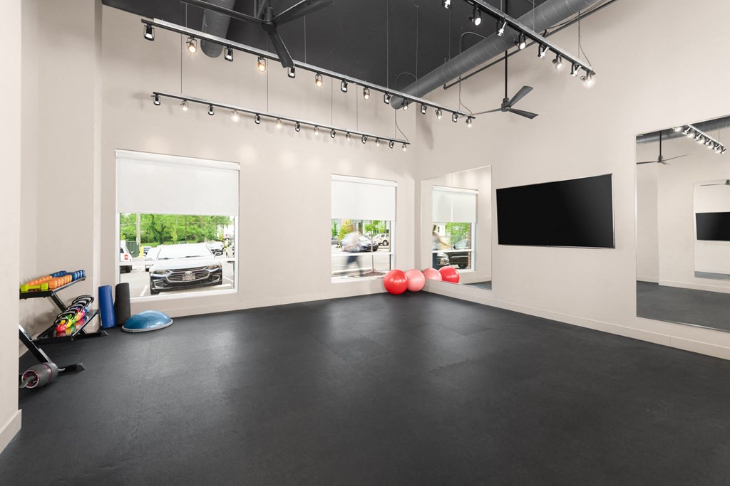 A yoga studio in a fitness center with weights, yoga balls, a TV, and windows.