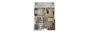 a layout of a bedroom with a living room and a bathroom