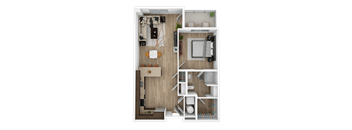 a 3d drawing of a bedroom with a living room and a bathroom