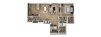 the interior of a plan with a bedroom and a living room