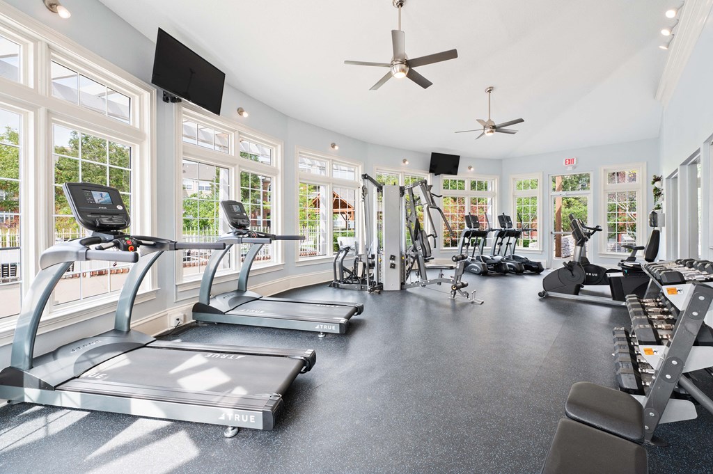 A fitness center equipped with cardio machines and weights surrounded by windows at Reserve at Hamburg.