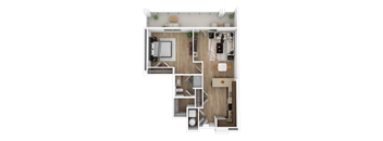 a stylized floor plan of a home with a bedroom and a living room