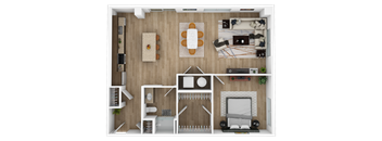 the interior of a house with a bedroom and a living room