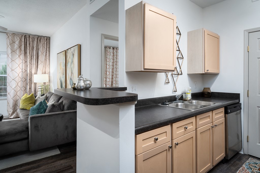 a living room with a couch and a kitchen with a counter and cabinets