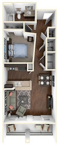 A floor plan of a small apartment with a bedroom, living room, and kitchen.