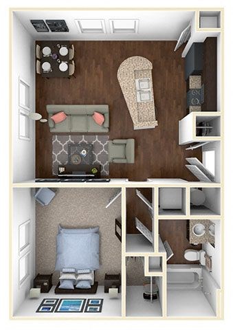 A 3D floor plan of a small apartment with two bedrooms and a living area.