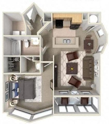 A 3D diagram of a house layout with a kitchen, living room, and bathroom.