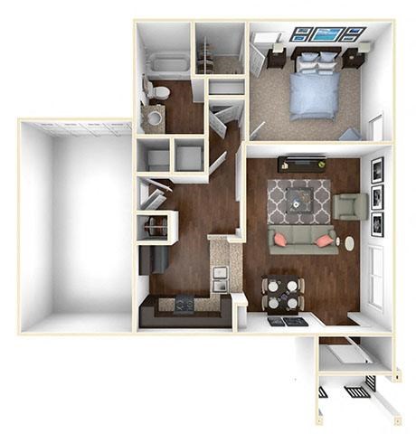 A 3D floor plan of a small apartment with a bedroom, living room, and kitchen.