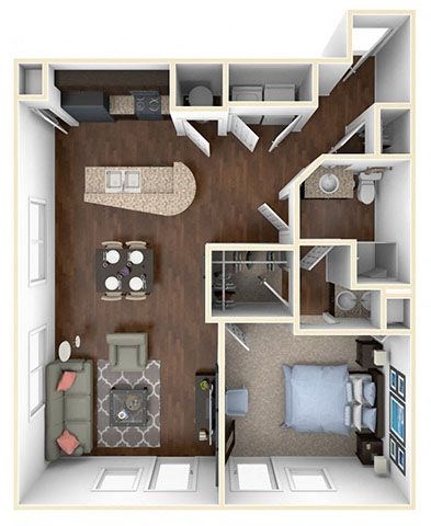 A 3D floor plan of a small apartment with a kitchen, living room, and bedroom.