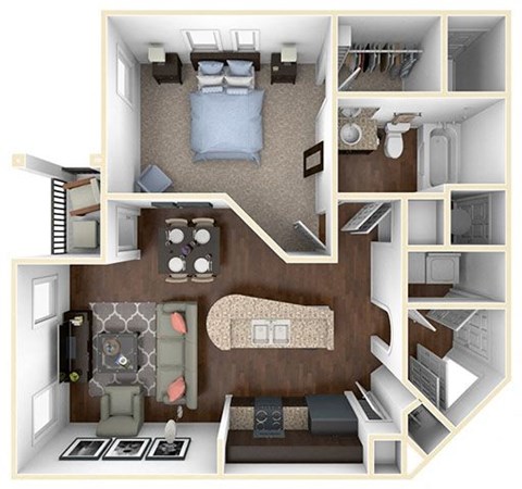 A 3D floor plan of a small apartment with a bedroom, living room, and kitchen.