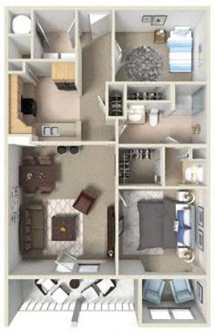A 3D floor plan of a house with a kitchen, living room, and bedrooms.