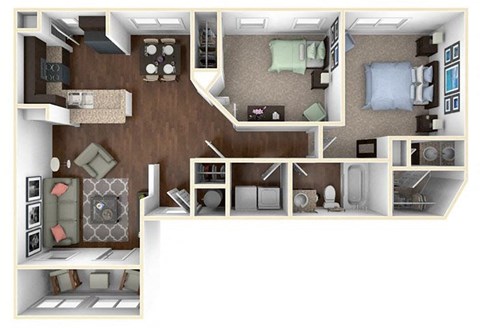A 3D floor plan of a house showing the layout of the rooms.