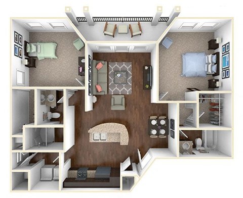 A 3D floor plan of a small apartment with a living room, kitchen, and bedroom.