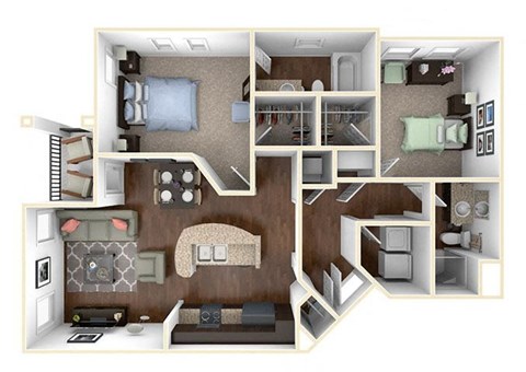A 3D floor plan of a house showing a kitchen, living room, two bedrooms, a bathroom, and a laundry area.