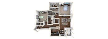 A 3D floor plan of a house showing the layout of the rooms.
