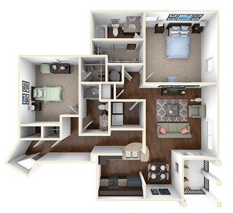 A 3D floor plan of a house showing the layout of the rooms.