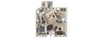 A 3D floor plan of a house with a kitchen, living room, and two bedrooms.
