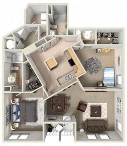 A 3D floor plan of a house with a kitchen, living room, and two bedrooms.