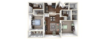 A 3D floor plan of a small apartment with a kitchen, living room, and bedroom.