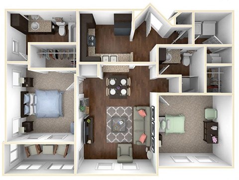 A 3D floor plan of a small apartment with a kitchen, living room, and bedroom.