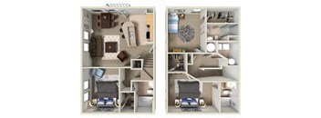 A dollhouse with two rooms, one with a grey sofa and the other with a grey chair.