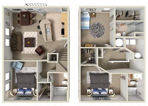 A dollhouse with two rooms, one with a grey sofa and the other with a grey chair.