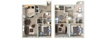 A floor plan of a two-bedroom apartment with a living room, kitchen, and bathroom.