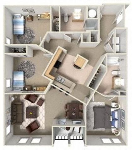 A detailed 3D floor plan of a small apartment.