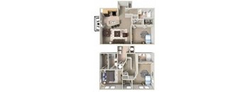 A floor plan of a two-story apartment with a living room, kitchen, and bedrooms.