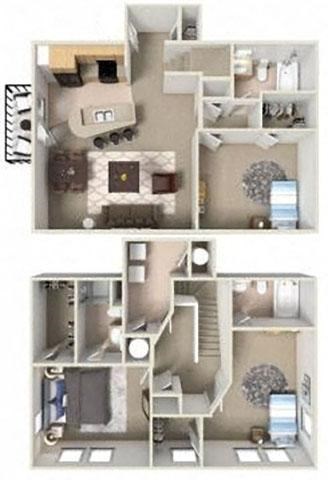 A floor plan of a two-story apartment with a living room, kitchen, and bedrooms.
