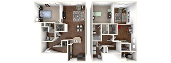 A 3D floor plan of a two bedroom apartment.