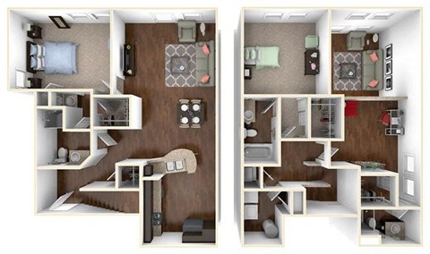 A 3D floor plan of a two bedroom apartment.