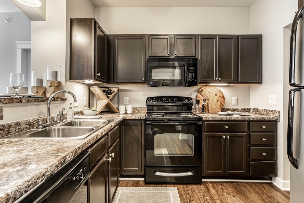 A kitchen with black cabinets and appliances.