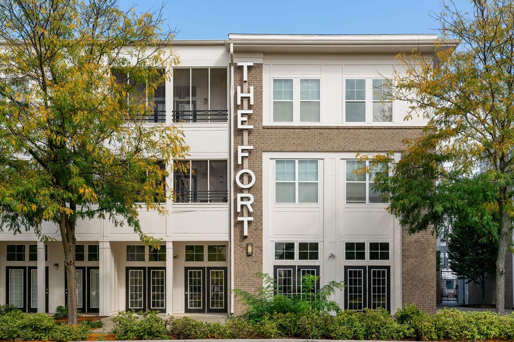 The front of a building with the word