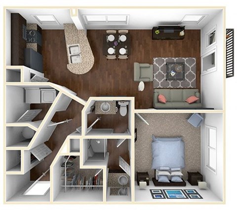 A 3D floor plan of a small apartment with a bedroom, living room, and kitchen.