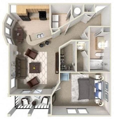 A 3D layout of a house with a kitchen, living room, and bedrooms.