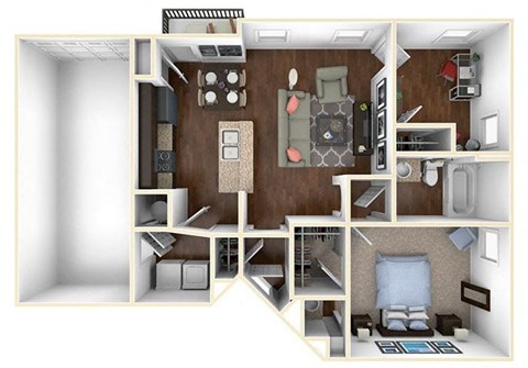 A 3D floor plan of a small apartment with a kitchen, living room, and bedroom.
