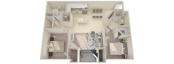 A 3D floor plan of a house with a kitchen, living room, and two bedrooms.