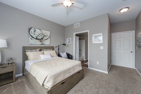 A furnished bedroom at Trellises with carpeted flooring, next to a bathroom.