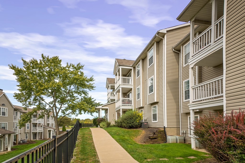 Community walkway at The Preserve at Ballantyne Commons surrounded by greenery