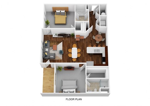 A floor plan of a house with a living room, kitchen, dining room, and bedrooms.