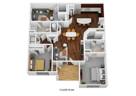 A floor plan of a house with a central open space and surrounding rooms.