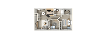 A 3D floor plan of a house showing a living room, kitchen, and bathroom.
