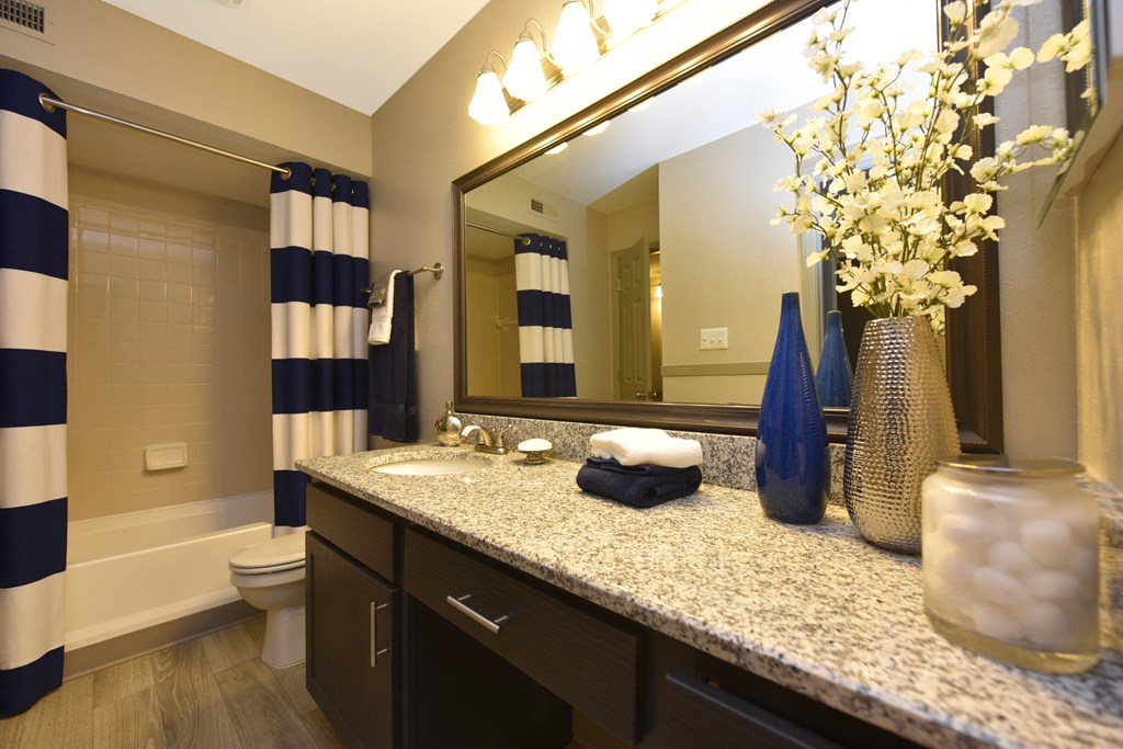 a bathroom with a large mirror and a sink with a vase of flowers on the counter